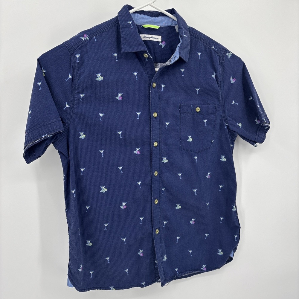 Tommy Bahama Mens Blue Martini Vacation Seersucker Shirt Size L Beach Resort - Picture 2 of 8